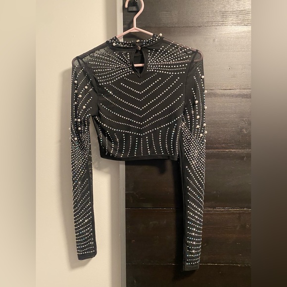 Black mesh long sleeve shirt with pearls and crystals - Picture 3 of 3